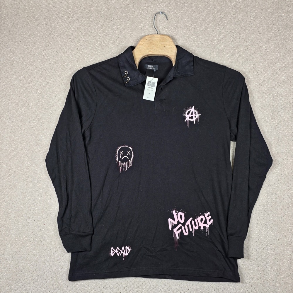Social Collision Hot Topic Pink Symbols Black‎ Long Sleeve Polo Shirt Grunge Emo